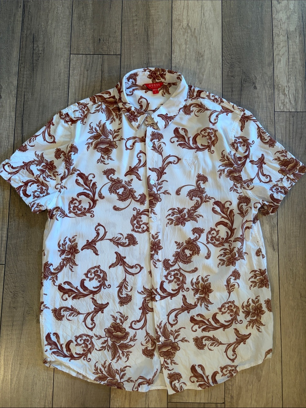 Guess Short-Sleeve Button-Up Shirt in White with Brown Floral Scroll